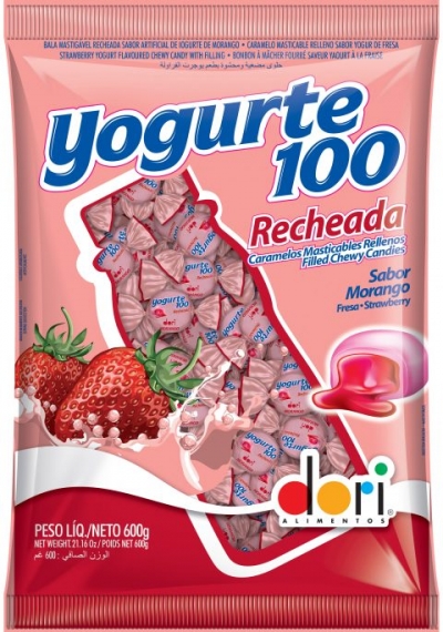Bala Yogurte 100 Morango Recheada 600g